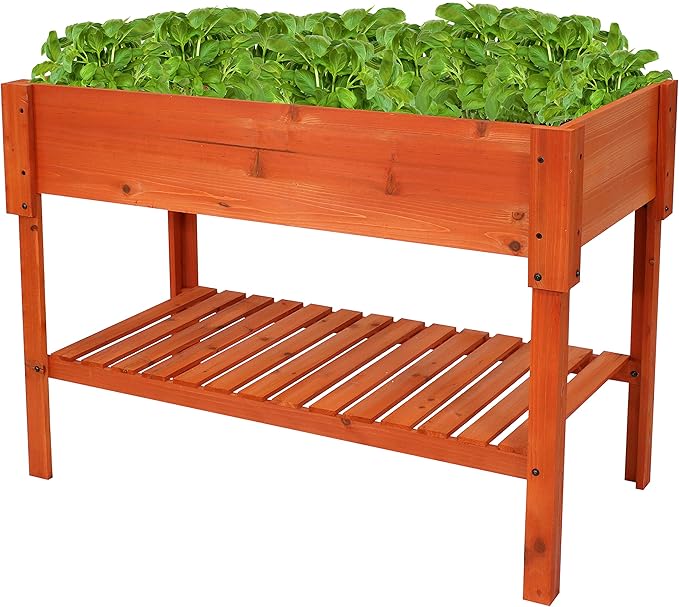 Sunnydaze 42-Inch Wooden Outdoor Raised Garden Bed with Lower Shelf for Flowers Herbs and Vegetables - Stained Finish