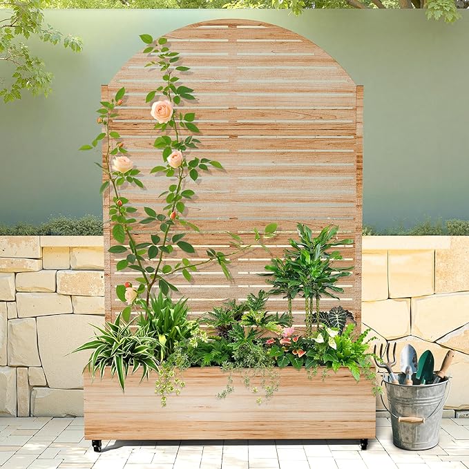 Raised Garden Bed with Arched Trellis and Wheels73x47x16 Metal Raised Garden BedAcacia Finish Metal Planter with Climbing Trellis for Vines &amp Vegetables