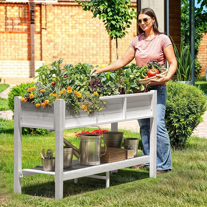 DWVO 48x18x30in Raised Garden Bed HDPE Poly Wood Planter Box StandWeather-Resistant Planter Box with Legs &amp Storage Shelf Elevated Garden Bed for Backyard Patio Balcony White