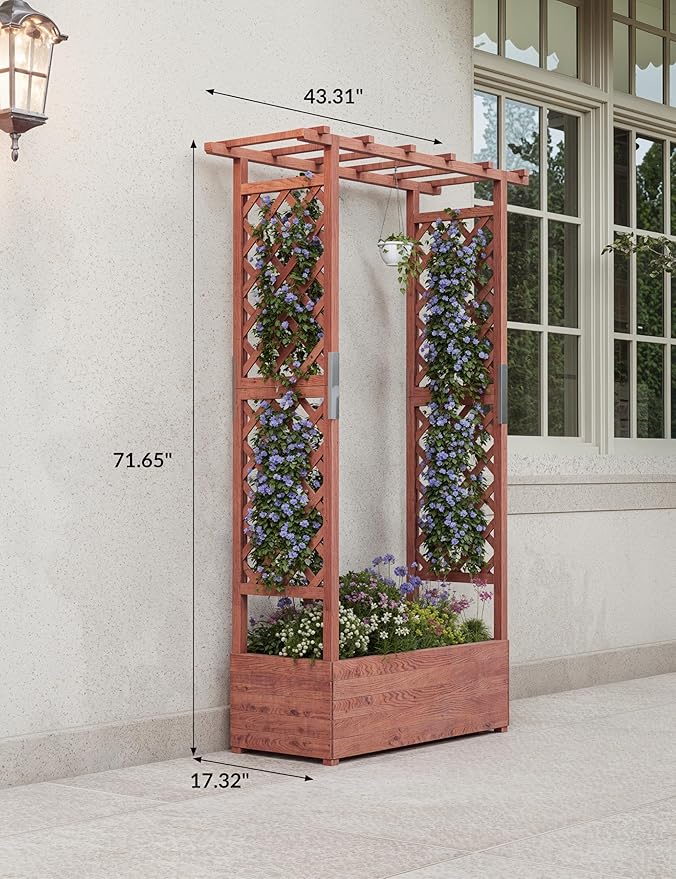 GarveeLife Raised Garden Bed with Trellis 45 in Wood Planter Box with Side Trellis Hanging Roof and 4 Drainage Holes Freestanding Elevated Garden Bed for Climbing Plants Vines Flowers
