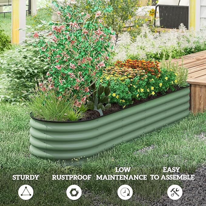 Outsunny 8' x 2' x 1.4' Galvanized Raised Garden Bed Kit Outdoor Metal Elevated Planter Box with Safety Edging Easy DIY Stock Tank for Growing Flowers Herbs &amp Vegetables Green
