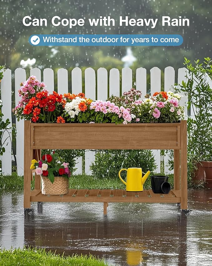YEFU Raised Garden Bed with Legs: 57x18x30in Elevated Poly Planter with WheelsWaterproof Mobile Raised Bed Garden Elevated Planter Box Stand with Storage Shelffor HerbCarrotTomato (Teak4pcs)