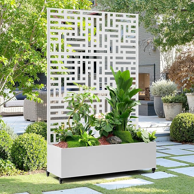15.7×70.9×47.2 Metal Raised Garden Bed with Trellis and Wheels - Tall Trellis Planter Box for Climbing Plants Vegetables &amp Vines - Outdoor Privacy Planters for Patio (White-Helen)
