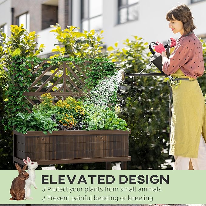 Carbonized Wood Raised Garden Bed with Stylized Trellis Spacious Self Draining for Climbing Plants Vegetables and Grape Vines Perfect for Outdoor Gardens and Patios
