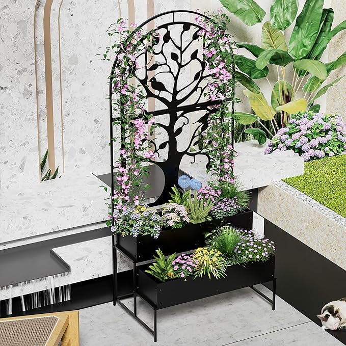 Arched Outdoor Planter Box with Trellis Set of 2 for Climbing Plants 2 Tiers Metal Privacy Planters for Patio Raised Garden Bed with Legs for Vegetables Balcony 75.2 x 22 x 34.6 Inch 2PCS Black