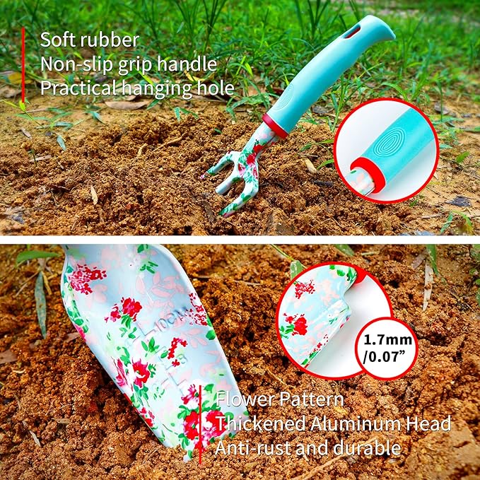 JUMPHIGH Floral Garden Tools Set 11 PCS Heavy Duty Gardening Tools Includes Hand Trowel Rake Weeder Pruner Sprayer Gardening Gifts for Women Garden Kit with Storage Tote Bag and Garden Gloves