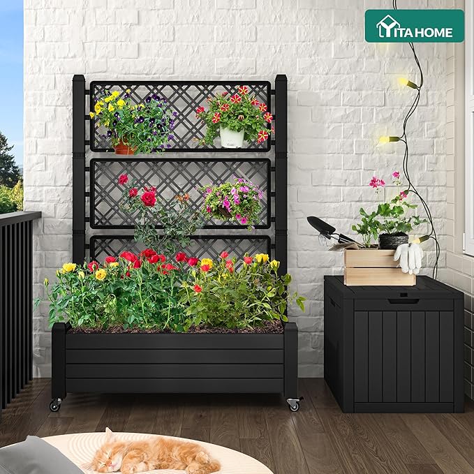YITAHOME 3.6x1.5x5 FT Planter Box Trellis with Wheels Large Outdoor Plastic Raised Garden Bed with Drain Plug for Climbing Plants Black