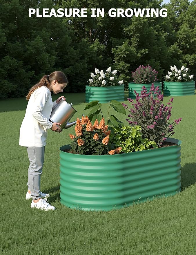 GarveeLife Galvanized Raised Garden Bed Outdoor 2 Pcs 4x2x2 ft Oval Metal Planter Box for Flowers Vegetables Herbs- Green