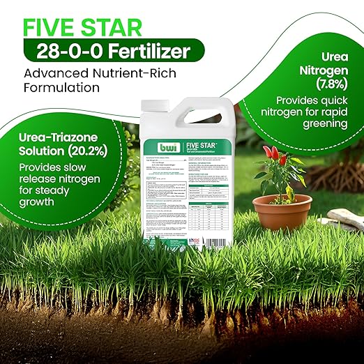 Five Star 28-0-0 Liquid Fertilizer for Healthy Plant Growth &amp Enhanced Nitrogen Absorption - Clear Blue Superior Surfactant Urea TriZone Formula with Slow Release Fertilizer (70% SRN) - 1 Quart