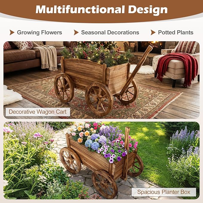 Giantex Wood Wagon Planter Rustic Rolling Flower Pot Stand with Wheels Handle &amp Drainage Hole for Growing Vegetables Herbs Indoor Outdoor Decorative Cart for Patio Balcony Garden