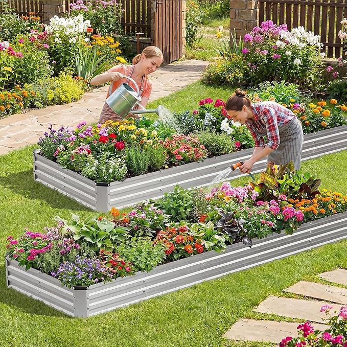 DUMOS Galvanized Raised Garden Bed 12 x 4 x 1 ft Easy Assembly Outdoor Metal Planter Box Rust-Resistant Steel Garden Bed for Vegetables Flowers Herbs