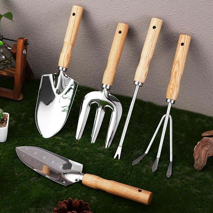 Luxshiny Garden Hand Tools Set 5pcs Ash Wood Handle with 430 Stainless Steel Blades for Outdoor Gardening and Planting Sturdy Garden Tool Kit for Women and Men