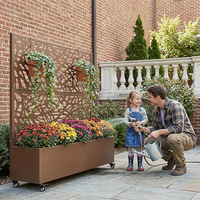 Casaphoria Metal Raised Garden Bed with Trellis and Wheels 47x47x16 Planter Box for Climbing Plants Vegetables &amp Vines Features Drainage Holes and Privacy Screen Brown-Net