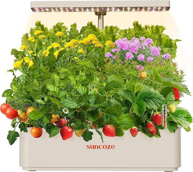 SUNCOZE Hydroponics Growing System Kit 12 Pods 24W LED Grow Light Indoor Garden 4L Water Tank with Quiet Pump Adjustable Height Herb Garden Planter Indoor Kit Gardening Gifts Beige