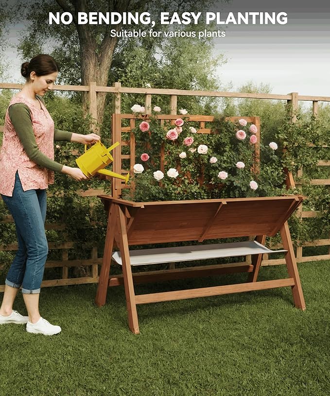 Large Wooden Raised Garden Bed with Trellis &amp Storage Shelf Tall Elevated Planter Box with Legs Extra Deep Standing Planter with Drainage Holes for Outdoor Vegetables Flowers &amp Herbs Natur