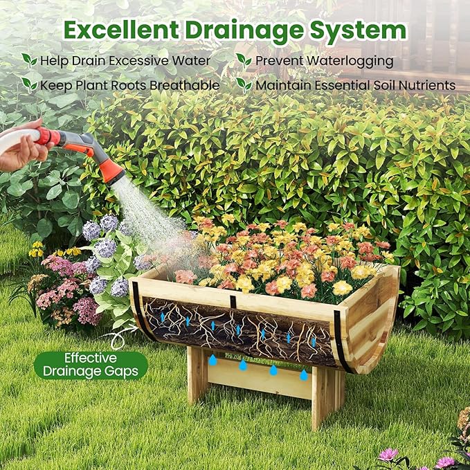 Giantex Half Barrel Raised Garden Bed Acacia Wood Planter Box for Flower Vegetable Fruit Outdoor Indoor Plant Pot with Legs for Garden Decoration18x12x11.5