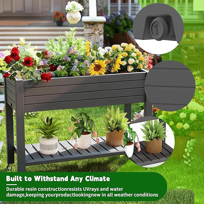 Elevated Raised Garden Bed with Legs 33.66 Tall Self-Watering Resin Outdoor Planter Box with Storage Shelf Drain Plug Water &amp Monitor for Plants Vegetables Flowers Fruits (Black)
