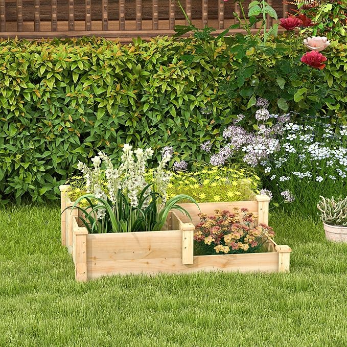HAPPYGRILL 3-Tier Raised Garden Bed Wood Elevated Flower Box with Open-Ended Base &amp Plug-in Connector Outdoor Planter Raised Beds for Vegetables Herbs &amp Fruits