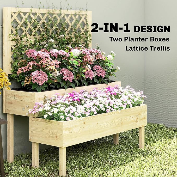 Outsunny 2-Tier Raised Garden Bed with Trellis Wooden Elevated Planter Box with Drainage Gaps Liners Trellis Planter for Climbing Plants Flowers Herbs 42.5 x 24.4 x 47.2 Natural