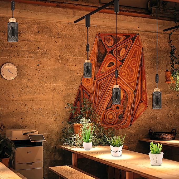 Full Spectrum 10W LED AUTO Plant Growing Lamp H-Type Track Pendants Timer Restaurant Adjustable Height Grid Hollowing Designed Shade Wooden Socket for Halo Track System Basil Green House