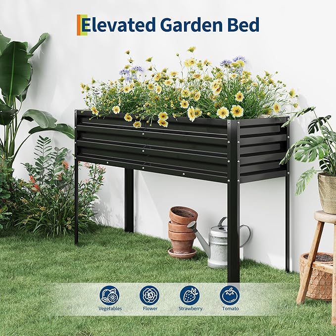 Galvanized Raised Garden Bed with Legs 50×17×32 in Large Elevated Planter Box for Outdoor Plants Sturdy Metal Raised Garden Beds for Vegetables Flowers &amp Herbs Backyard Patio Black