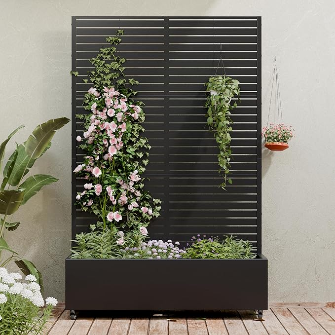 Casaphoria Metal Raised Garden Bed with Trellis and Wheels 72x47x16 Planter Box for Climbing Plants Vegetables &amp Vines Features Drainage Holes and Privacy Screen (Black-Louver)