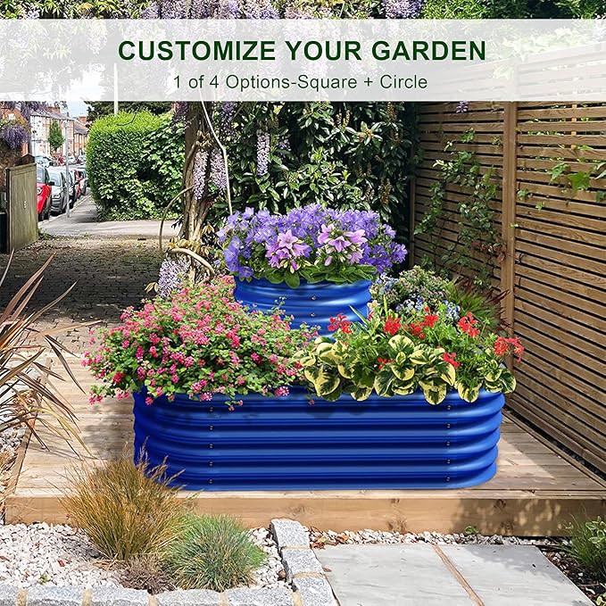 Olle 4-Style Modular Galvanized Raised Garden Beds Outdoor Easy Quick Setup 17 Tall 4-in-1 Metal Planter Boxes Outdoor for Flowers Vegetables Fruits Herbs DIY Gardening Cobalt Blue