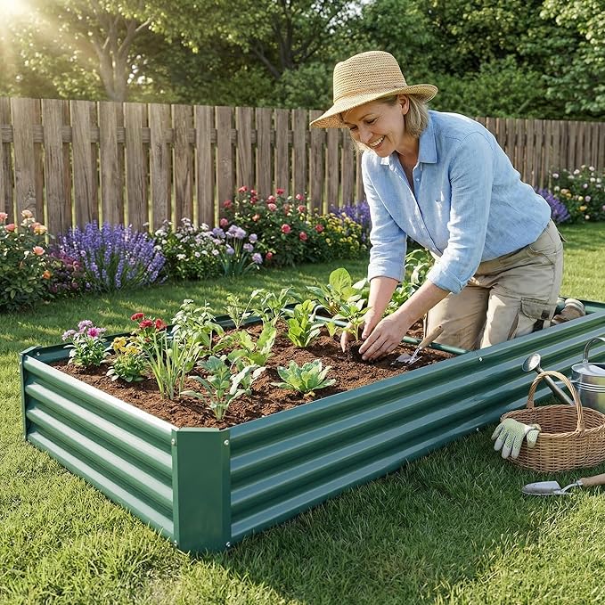 Metal Raised Garden Bed 8x4x1 ft Rectangle Planter Box Rust-Resistant Galvanized Steel with Open Base Design Quick Assembly for Vegetables Flowers and Plants (Green)