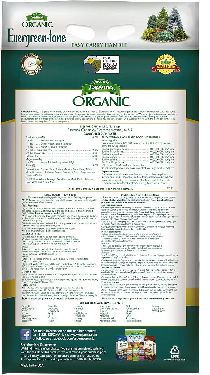 Espoma Organic Evergreen-Tone 4-3-4 Natural &amp Organic Fertilizer and Plant Food for Evergreen Trees &amp Shrubs. 18 lb. Bag. Use for Planting &amp Feeding to Promote Optimum Growth