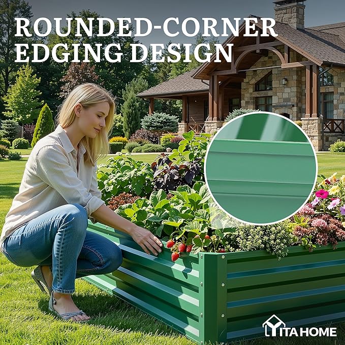 YITAHOME 6x3x1ft 2pcs Large Raised Garden Bed Kit Galvanized Metal Planter Box with Gloves Ground Nails Support Rod Outdoor Above Ground Planters for Plants Vegetables Flowers Green