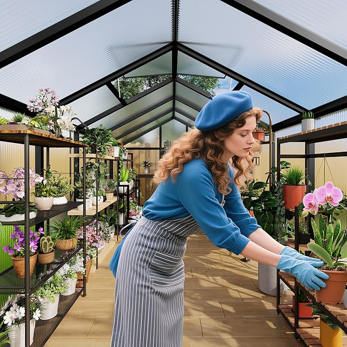 8x10 FT Greenhouse Greenhouses for Outside Polycarbonate Greenhouse with Aluminum Frame Lockable Door and Ajustable Roof Vent for Backyard Green Houses for Outside Garden Backyard Patio
