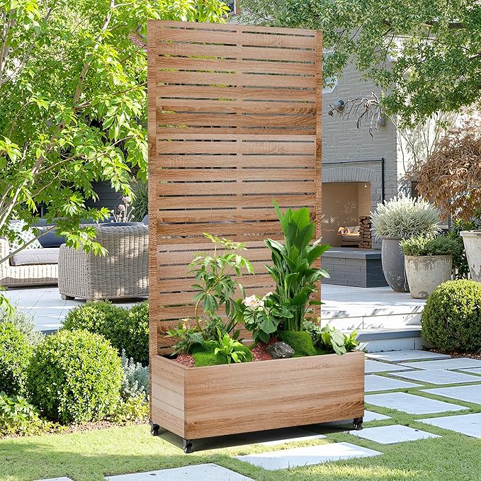 15.7×70.9×35.4 Metal Raised Garden Bed with Trellis and Wheels - Tall Trellis Planter Box for Climbing Plants Vegetables &amp Vines - Outdoor Privacy Planters for Patio (Cut Oak Grain)