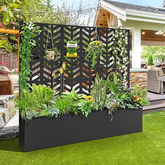 FENCY Metal Planter Box with Trellis Planter Trellis for Climbing Plants Vegetable Vines Trellis with Planter Box &amp Privacy Screen Raised Garden Bed with Drainage Holes (23.6 L x 63 H/Arrow)