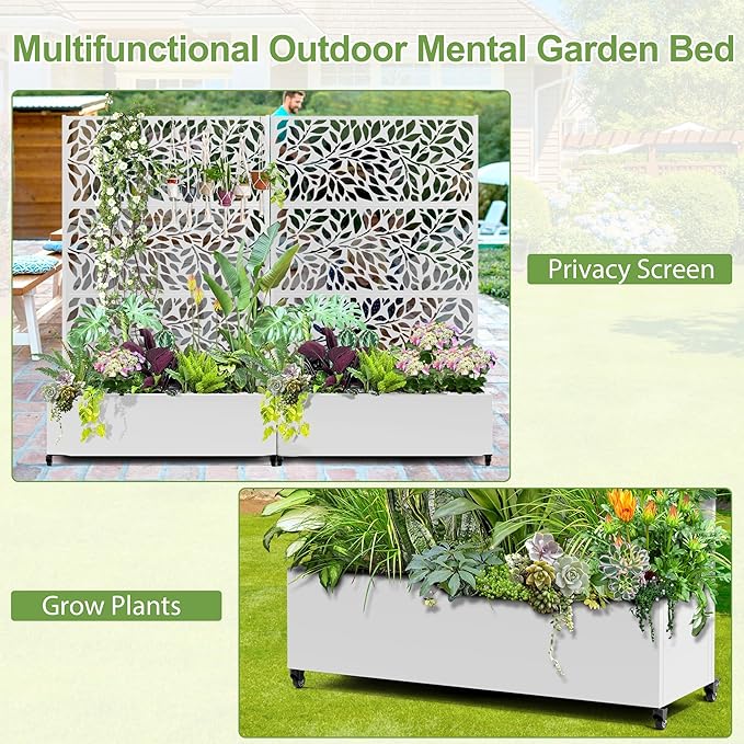 Raised Garden Bed with Trellis and Wheels73x47x16 Metal Raised Garden BedWhite Flowing Leaf-2 Metal Planter with Climbing Trellis for Vines &amp Vegetables
