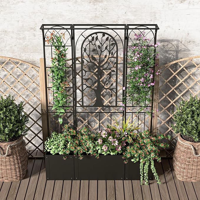 Metal Planter Box with Trellis Raised Garden Bed with Trellis Privacy Screen 62 inch Tall Planter Boxes for Climbing Plants Flowers Vegetables Fruits Balcony and Patio Decor (Black)