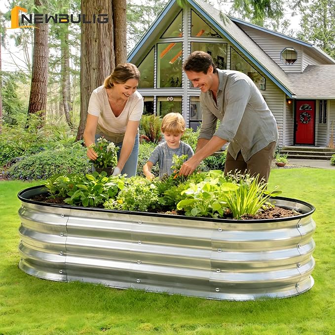 NEWBULIG Heavy-Duty Galvanized Oval Raised Garden Bed for Outdoor Metal Planter Box with Open Base Easy Assembly with Safe Edges for Vegetables/Flowers/Herbs