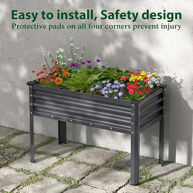 MUPATER Galvanized Steel Raised Garden Bed with Legs 48 L x 24 W x 32 H Large Metal Elevated Raised Planter Box with Detachable Black Liner for Backyard Garden Balcony Gray