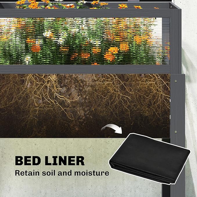 Outsunny Wooden Raised Garden Bed with Flip-Up Greenhouse Top Raised Garden Bed with Legs and Bed Liner Elevated Planter Box for Flowers Vegetables Herbs Gray