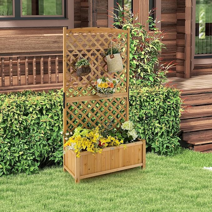 LDAILY Raised Garden Bed with Trellis 71 Wood Flower Beds High Trellis for Climbing Plants Outdoor Planter Box for Flowers/Vegetables/Fruits/Vines in Yard Patio Balcony