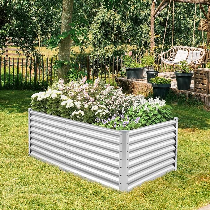 Rectangular Raised Garden Bed Galvanized Garden Planter with Open Bottom Sprayed Plate &amp Corner Protectors Outdoor Metal Planter Box for Vegetables Flowers &amp Herbs (Sliver)