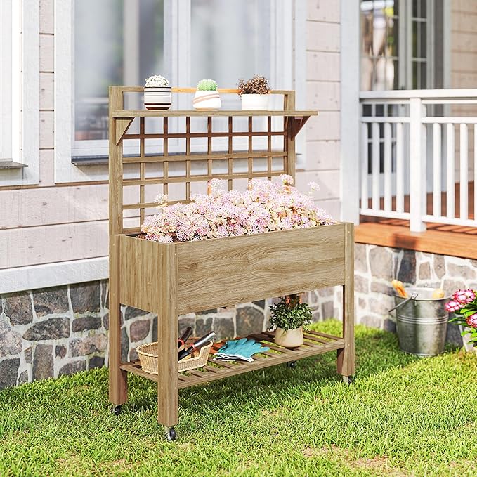 Outsunny 41 Raised Garden Bed with Trellis on Wheels Wooden Elevated Planter Box with Legs and Bed Liner for Flowers Herbs &amp Vegetables Dark Brown