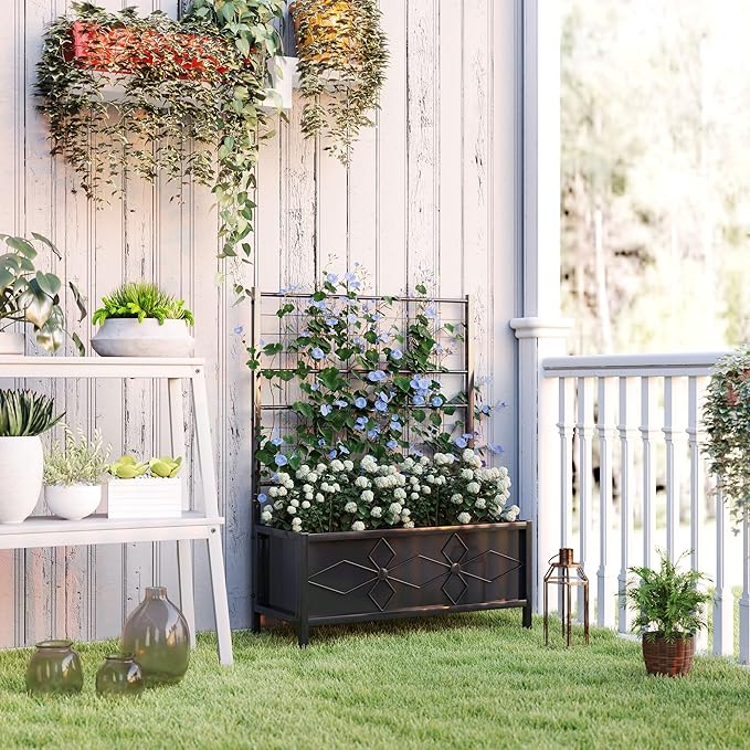 35.4x15.7x47.2 110lb Durable Robust Galvanized Steel Raised Garden Bed with Built-in Trellis and Efficient Drainage Black