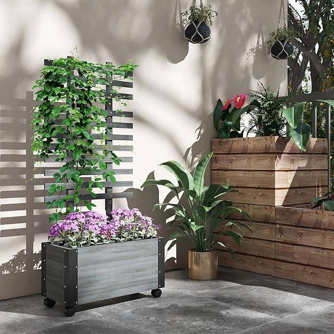 Raised Garden Bed with Trellis 58 Outdoor Wooden Planter Box with Wheels for Vine Plants Flowers Climbing and Planting Gray