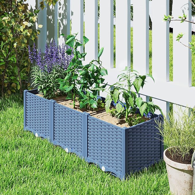 Outsunny 4 x 1 x 1 ft Raised Garden Bed Indoor Outdoor Plastic Planter Box with Drainage Holes Drain Plugs and Water Reservoirs for Vegetables Herbs Flowers &amp Succulents Blue