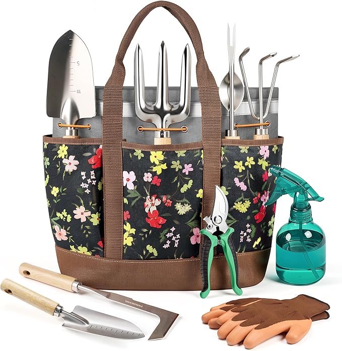 10-Piece Garden Tool Set with Reinforced Storage Bag Heavy-Duty Stainless Steel Gardening Tools with Premium Ergonomic Ash Wood Handles Professional Rust-Proof Garden Gift Set for Women Men