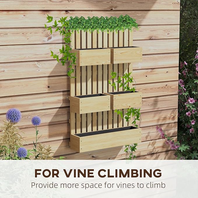 Outsunny 5 Box Raised Garden Bed with Trellis for Vine Flowers &amp Climbing Plants 39 Tall Wall-Mounted Wood Planter Box Set with Adjustable Height Drainage Hole Natural