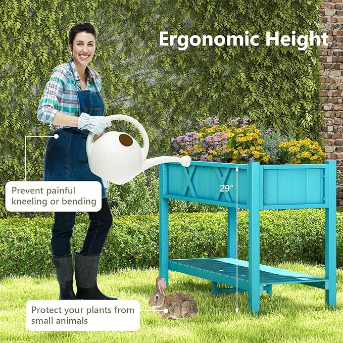 Raised Garden Bed with Legs HIPS Elevated Planter Box with Drainage Holes &amp Storage Shelf Standing Garden Box for Backyard Patio Balcony Deck Terrace (Blue 44” x 18” x 29”)
