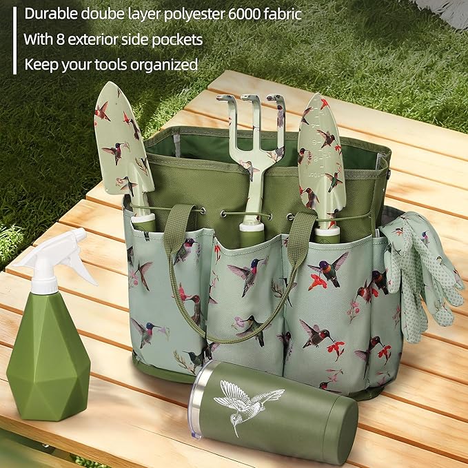 Garden Tool Set with Hummingbird Print Heavy Duty Gardening Hand Tools with Garden Tool BagGardening Gifts for Women&ampMenGreen