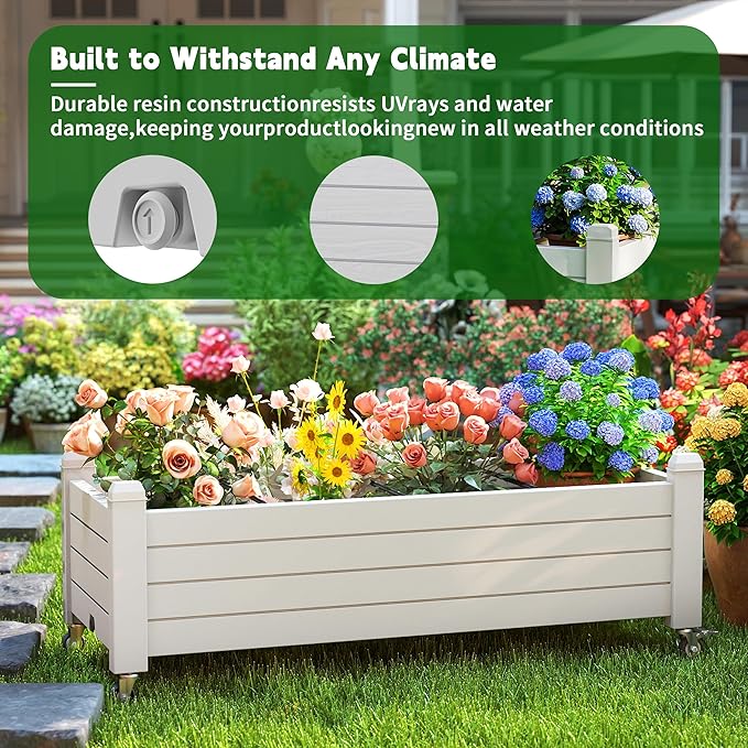 EasyUp Horticulture Garden Planter Box Divisible Resin Planter Box for Backyard Patio Balcony with 4 Legs and 4 Swivel Lockable Wheels(Ashen43.31 * 17.72 * 17.56)