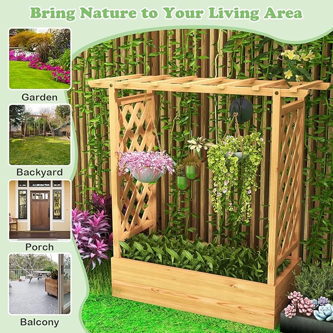 Raised Garden Bed with Trellis Wood Planter Box with Arch Trellis Hanging Roof &amp Drainage Holes Outdoor Elevated Planter for Garden Climbing Plants Flowers Vegetables (2)
